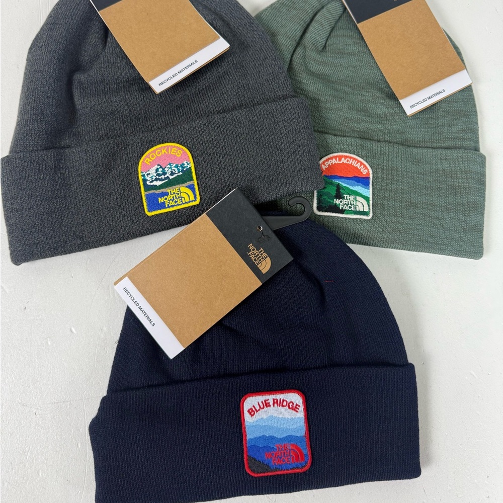 TNF North Face Earthscape Embroidered Patch Beanies set of 3 New NwT Mountains - Picture 1 of 10